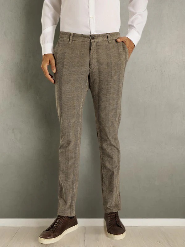 Indian Terrain Men's Slim Fit Checkered Beige Trousers